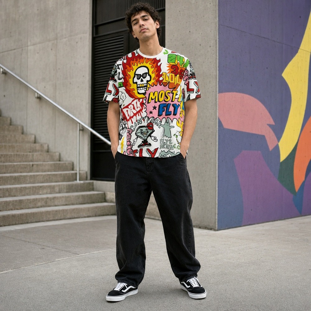 Mens White Graffiti Graphic Print T-Shirt Most Fly Flaming Skull Streetwear XL